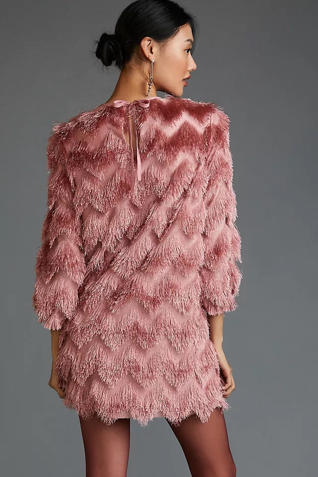 Anthropologie $220 Hutch Pink Fringe Chevron Dress Size Large