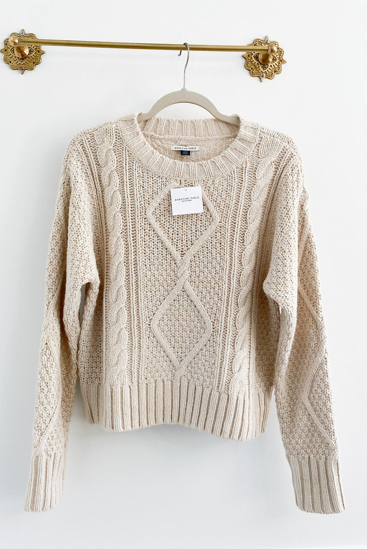 American Eagle Cream Cable Knit Boxy Sweater Size Small