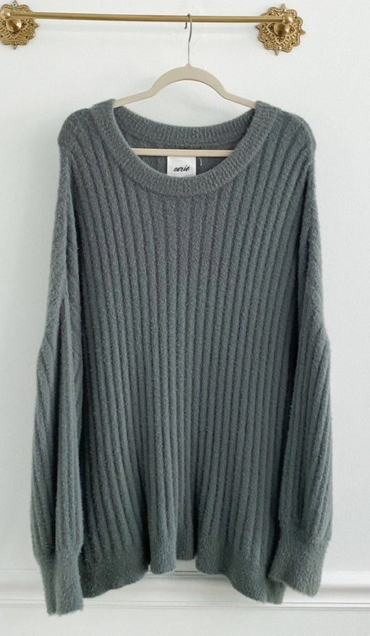 Aerie Buttercream Oversized Ribbed Fuzzy Sweater Size Large