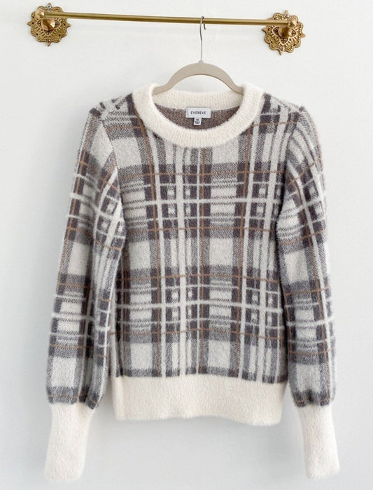 Evereve Marion Plaid Eyelash Fuzzy Pullover Size XS