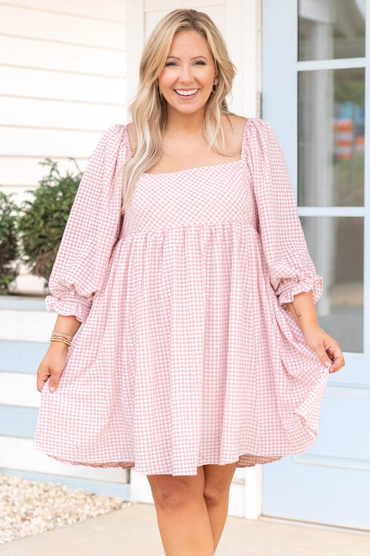 Chic Soul Boutique Pink Plaid Puff Sleeve Dress Size 2X