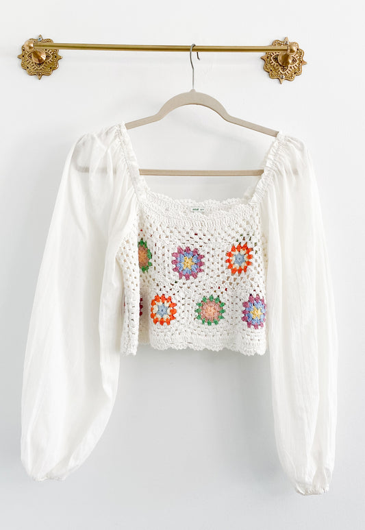 Aerie Crochet Square Puff Sleeve Crop Top Size XS