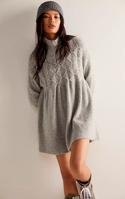 Free People Jaci Sweater Gray Babydoll Turtleneck Dress Size Small