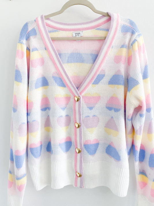 Crown & Ivy Pastel Heart Gold Button Cardigan Size XL
