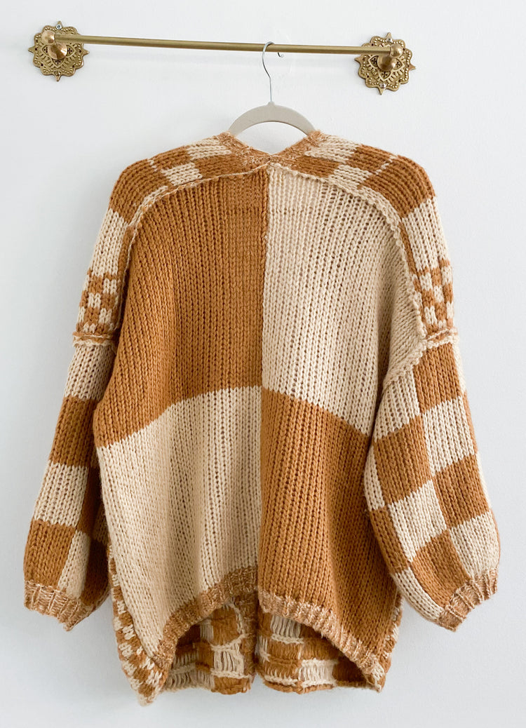 Altar’d State Checkered Tan Chunky Knit Cardigan Size S/M