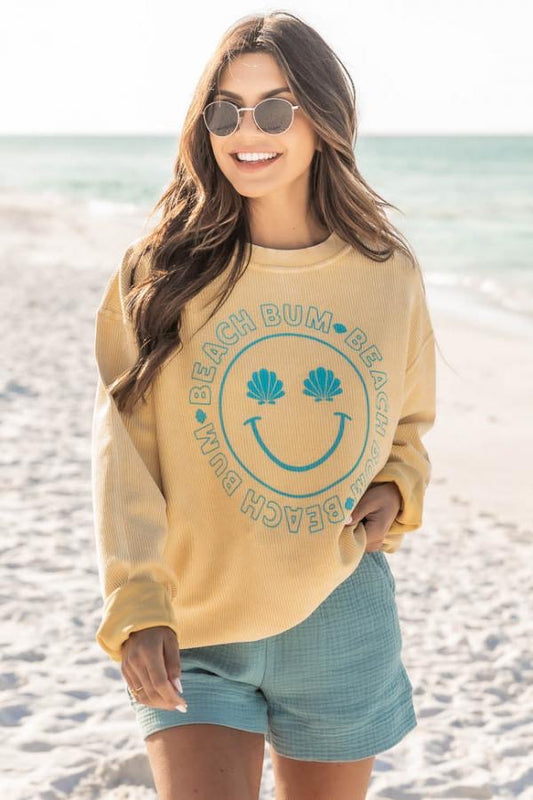 Pink Lily Beach Bum Smiley Corded Yellow Crew Size Small