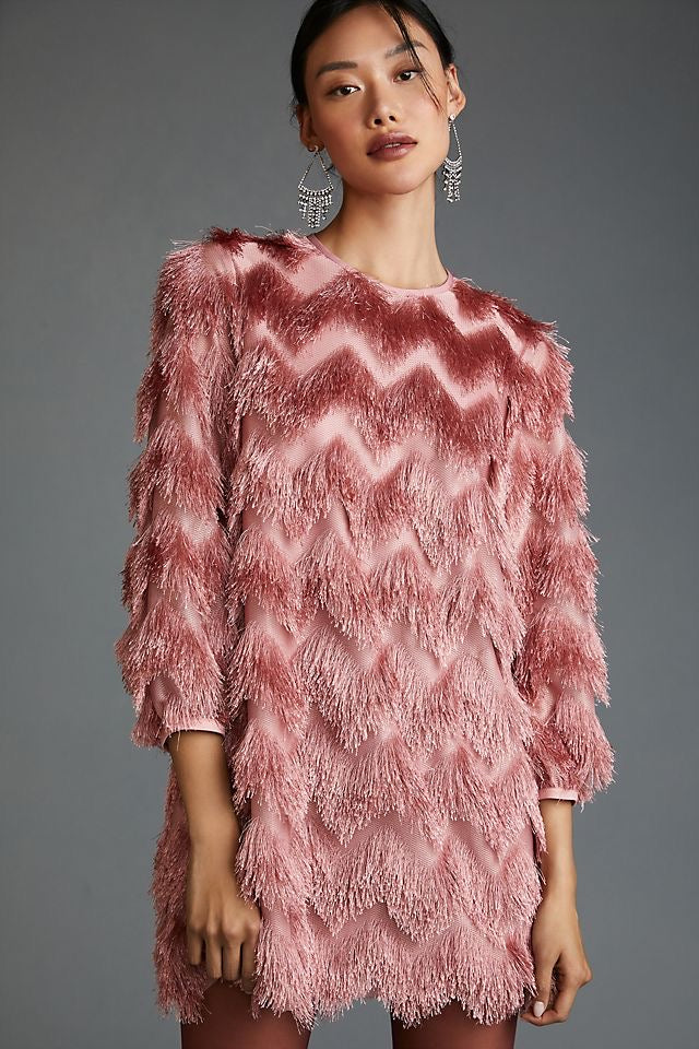 Anthropologie $220 Hutch Pink Fringe Chevron Dress Size Large