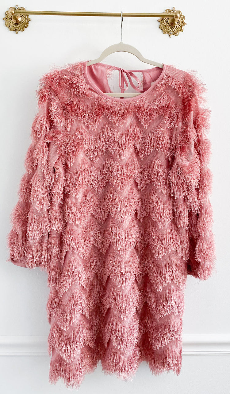 Anthropologie $220 Hutch Pink Fringe Chevron Dress Size Large