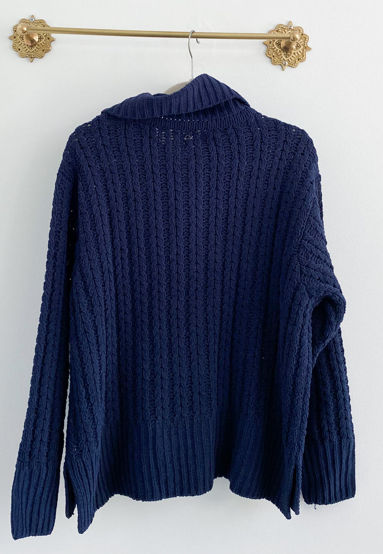 Aerie Navy Blue Cable Knit Chenille Half Zip Sweater Size Medium