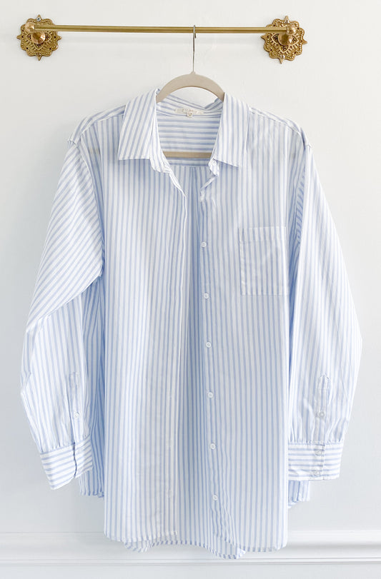 Z Supply Poolside Stripe Button Up Shirt Classic Blue Size Large
