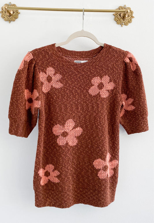 Sonoma Daisy Floral Brown Short Sleeve Sweater Size Small