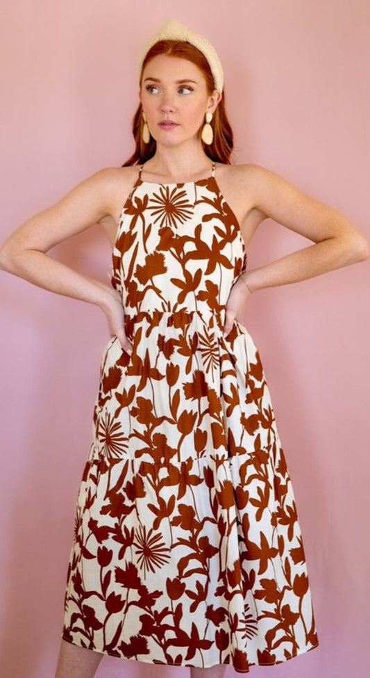 Lush Rust Floral Cross Back Midi Dress Size Small